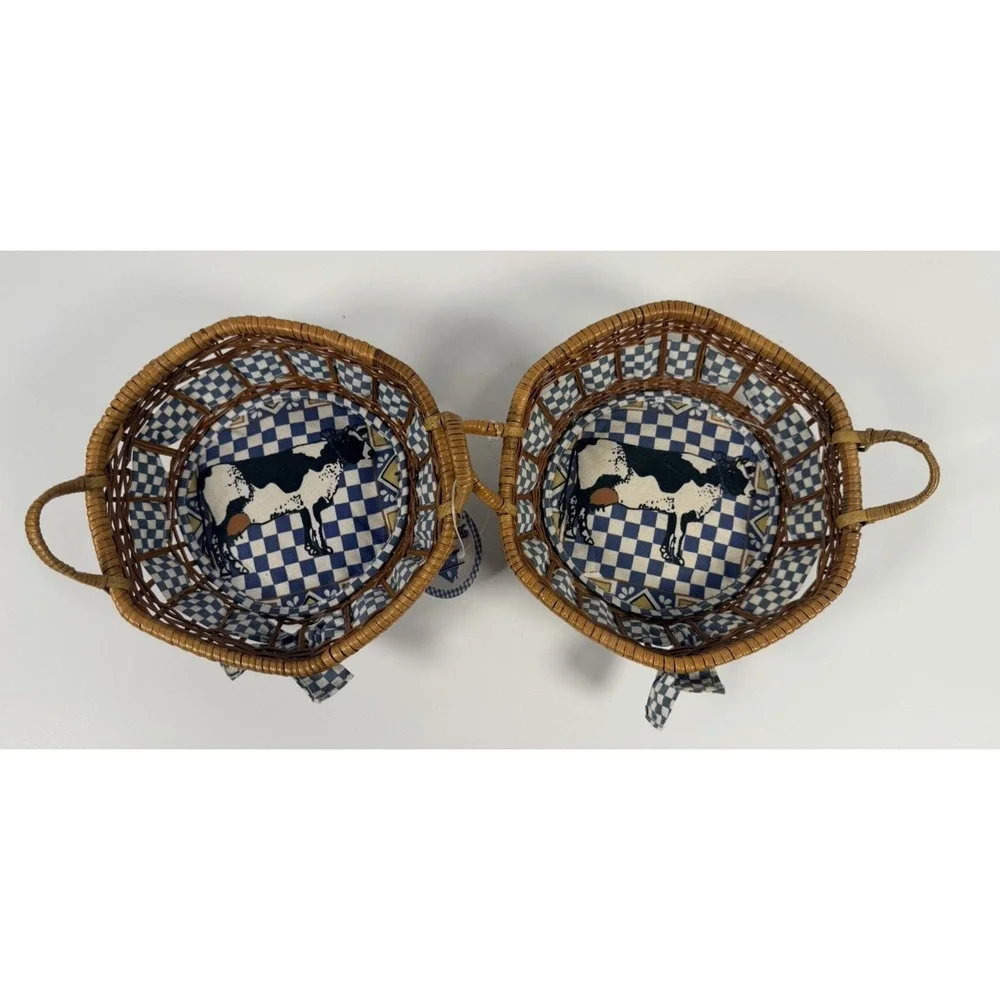 Round Wicke Cow Print Trinket Baskets lined Set of 2 NWT Country Farmhouse